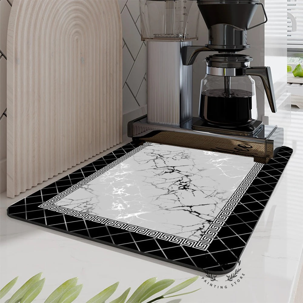 Marble Style Dish Drying Mat, Soft Rubber Draining Pad, Non-Slip Super Absorbent Coffee Machine Mat, Placemat Dining Table Decor