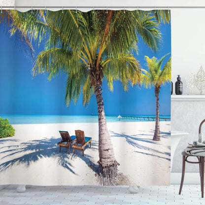 Summer Tropical Beach Scenery Shower Curtain with Hooks Seaside Island Palm Trees Blue Sea Bath Curtain Bathroom Bathtub Decor