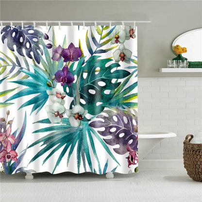 Tropical Plant Palm Leaf Cactus Lavender Bathroom Curtain Shower Curtains Bath Screen Frabic Waterproof Polyester with Hooks