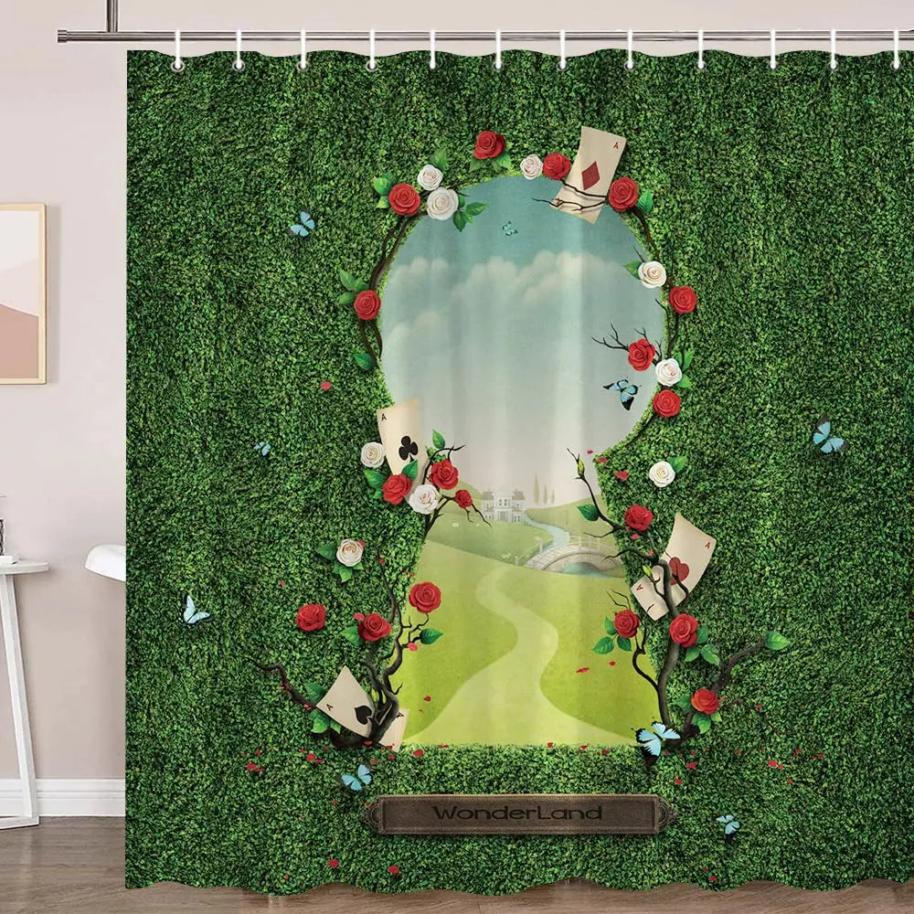 Alice In Wonderland Party Decorations Backdrop Shower Curtain,Fantasy Landscape Mushroom Art,Cloth Fabric for Bathroom Set,Hooks