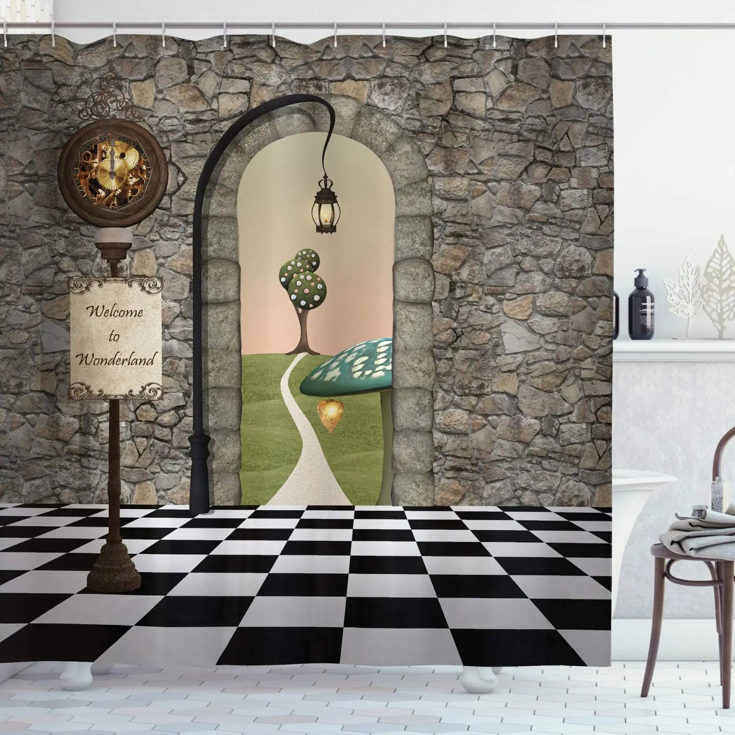 Alice In Wonderland Party Decorations Backdrop Shower Curtain,Fantasy Landscape Mushroom Art,Cloth Fabric for Bathroom Set,Hooks