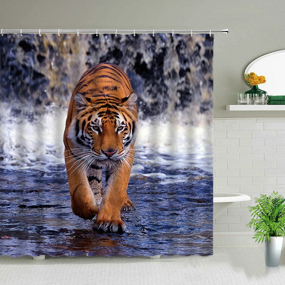 Animal Shower Curtains Elephant Zebra Tiger Leopard Waterproof Fabric Bath Curtains Wildlife Printed Bathroom Decor Screen Hooks