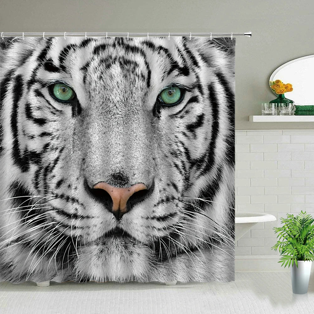 Animal Shower Curtains Elephant Zebra Tiger Leopard Waterproof Fabric Bath Curtains Wildlife Printed Bathroom Decor Screen Hooks