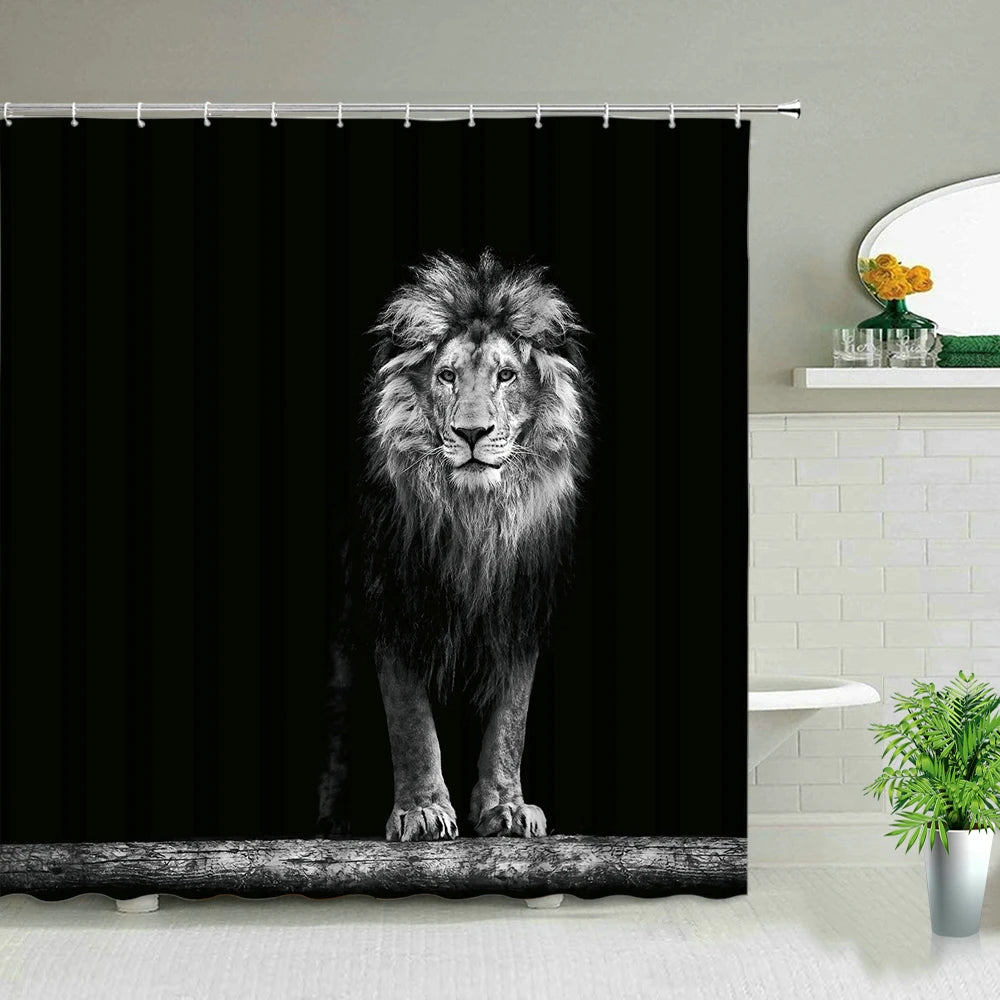 Animal Shower Curtains Elephant Zebra Tiger Leopard Waterproof Fabric Bath Curtains Wildlife Printed Bathroom Decor Screen Hooks