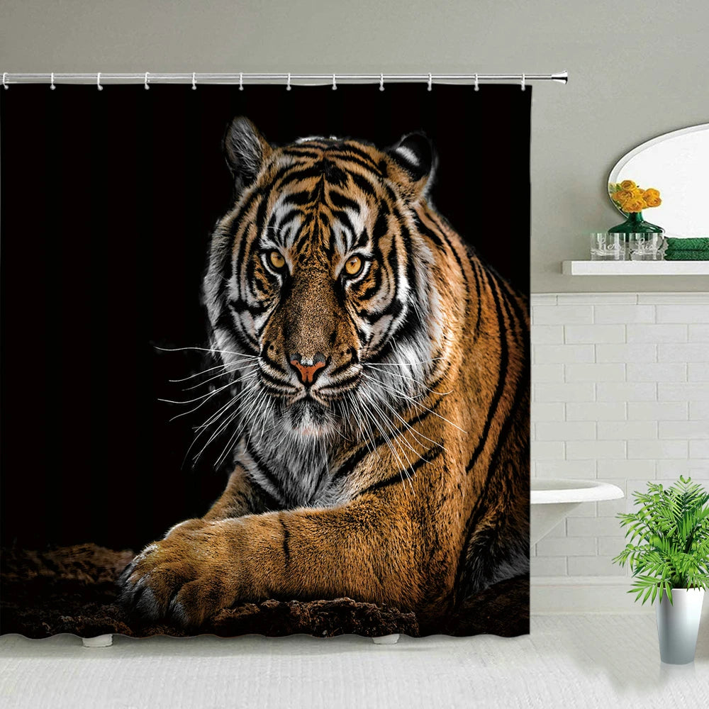 Animal Shower Curtains Elephant Zebra Tiger Leopard Waterproof Fabric Bath Curtains Wildlife Printed Bathroom Decor Screen Hooks