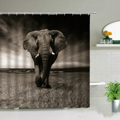 Animal Shower Curtains Elephant Zebra Tiger Leopard Waterproof Fabric Bath Curtains Wildlife Printed Bathroom Decor Screen Hooks