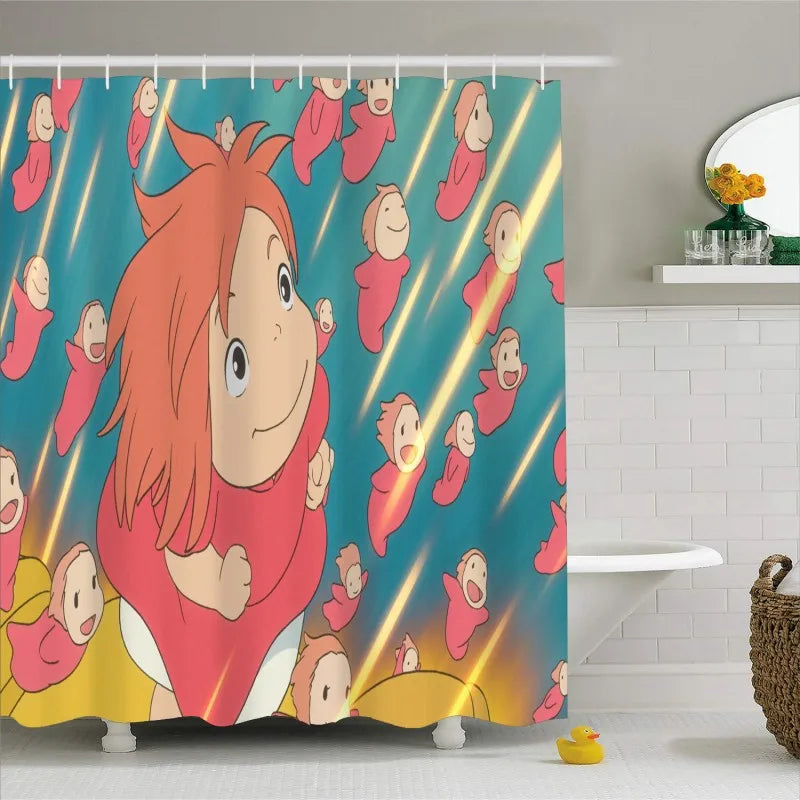 Anime Ponyo Printed Shower Curtain Cute Character Cartoon 3D Mildew Proof Printed Polyester Fabric Waterproof With Hooks