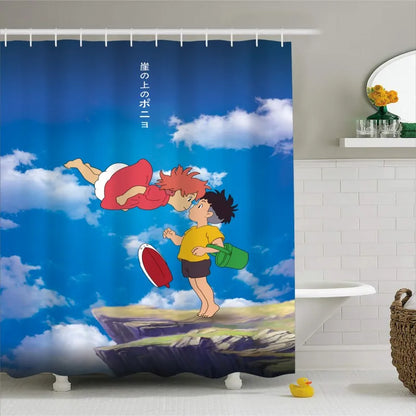 Anime Ponyo Printed Shower Curtain Cute Character Cartoon 3D Mildew Proof Printed Polyester Fabric Waterproof With Hooks