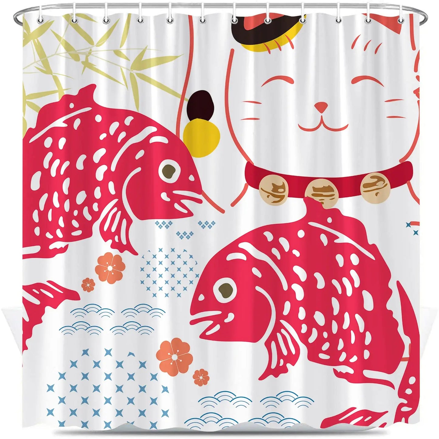 Asian Style Traditional Japanese Ink Painting Shower Curtain,Black Cat Watching Dragonflies on Vintage Fabric Bathroom Curtains