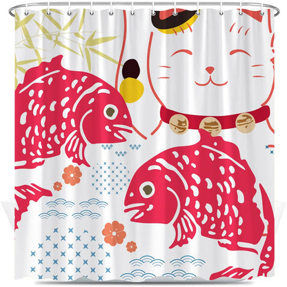 Asian Style Traditional Japanese Ink Painting Shower Curtain,Black Cat Watching Dragonflies on Vintage Fabric Bathroom Curtains