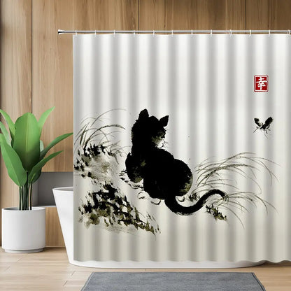 Asian Style Traditional Japanese Ink Painting Shower Curtain,Black Cat Watching Dragonflies on Vintage Fabric Bathroom Curtains