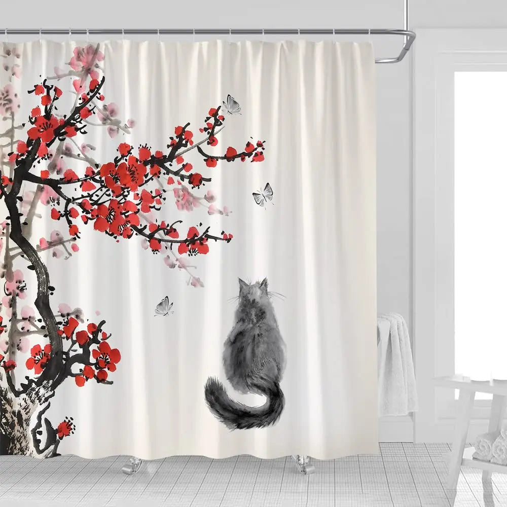 Asian Style Traditional Japanese Ink Painting Shower Curtain,Black Cat Watching Dragonflies on Vintage Fabric Bathroom Curtains