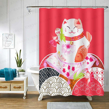 Asian Style Traditional Japanese Ink Painting Shower Curtain,Black Cat Watching Dragonflies on Vintage Fabric Bathroom Curtains
