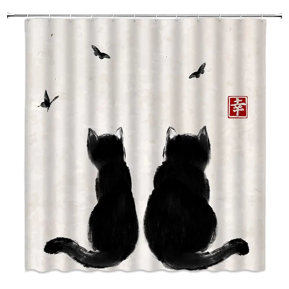 Asian Style Traditional Japanese Ink Painting Shower Curtain,Black Cat Watching Dragonflies on Vintage Fabric Bathroom Curtains