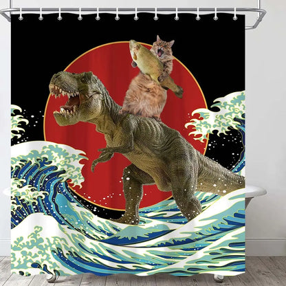 Asian Style Traditional Japanese Ink Painting Shower Curtain,Black Cat Watching Dragonflies on Vintage Fabric Bathroom Curtains