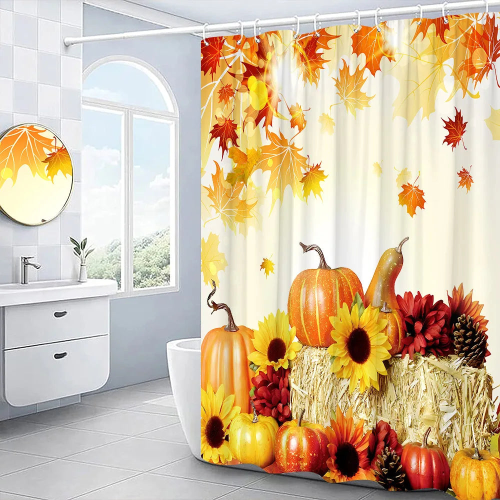 Autumn Shower Curtain Outside Window Landscape Fall Thanksgiving Maple Pumpkin Decor Sunflower Harvest Day Fabric Bath Curtain