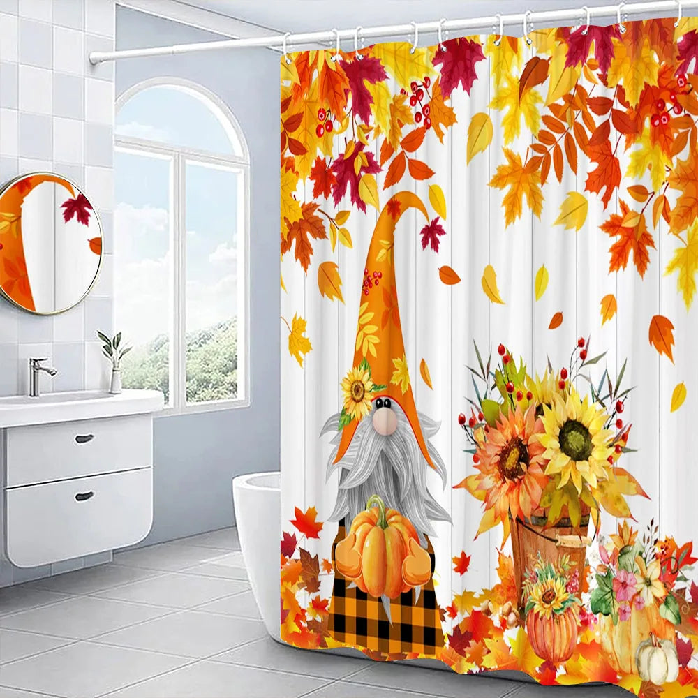 Autumn Shower Curtain Outside Window Landscape Fall Thanksgiving Maple Pumpkin Decor Sunflower Harvest Day Fabric Bath Curtain