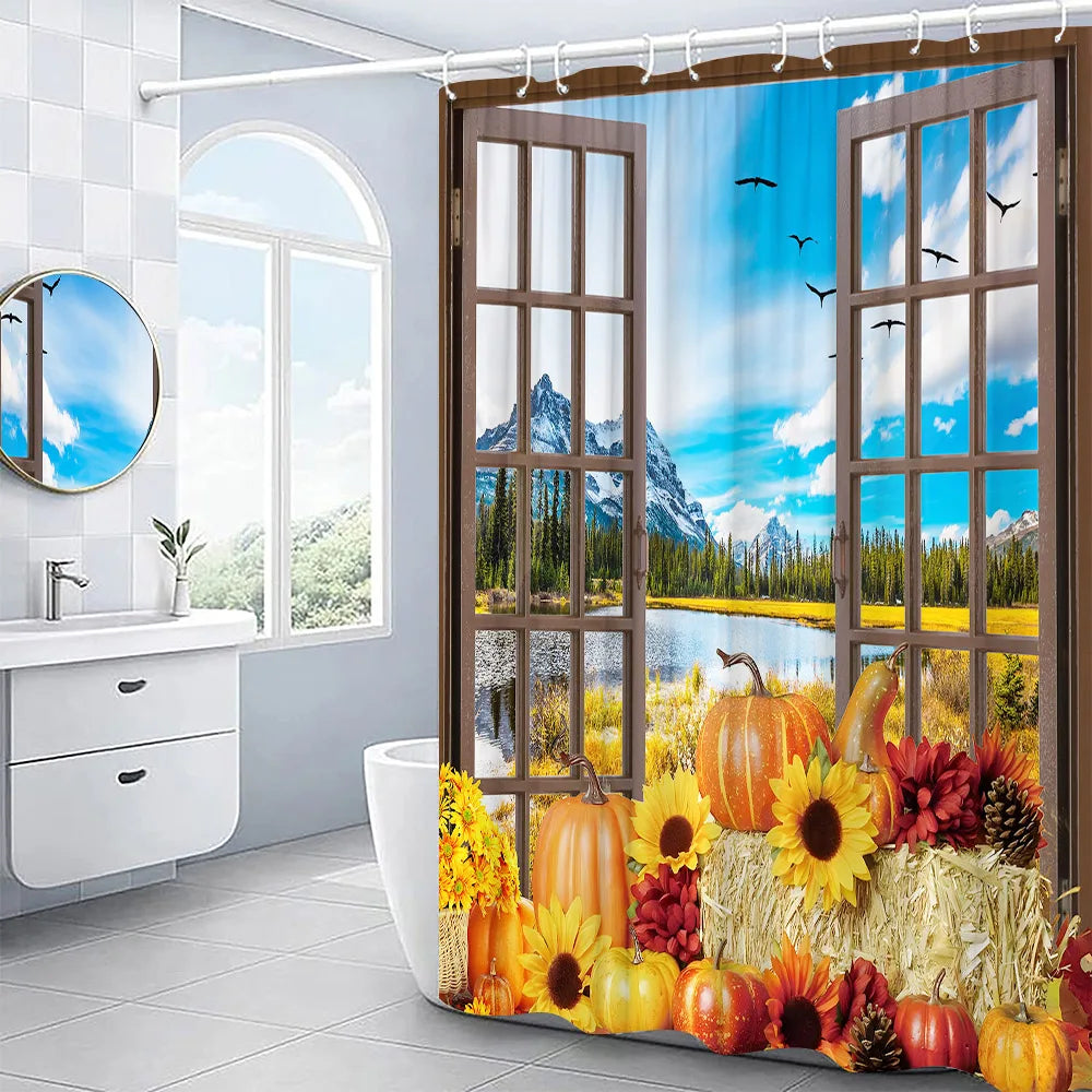 Autumn Shower Curtain Outside Window Landscape Fall Thanksgiving Maple Pumpkin Decor Sunflower Harvest Day Fabric Bath Curtain