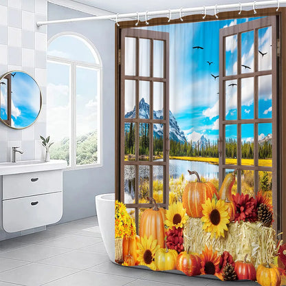 Autumn Shower Curtain Outside Window Landscape Fall Thanksgiving Maple Pumpkin Decor Sunflower Harvest Day Fabric Bath Curtain