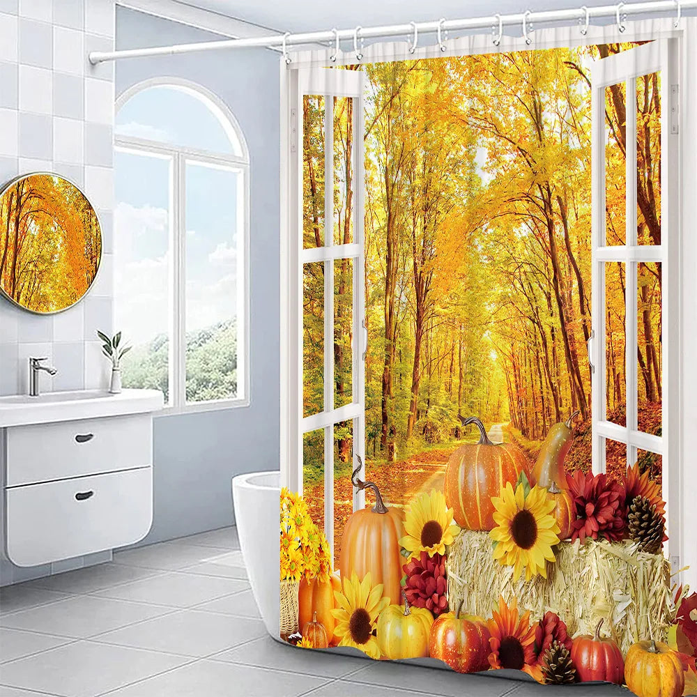 Autumn Shower Curtain Outside Window Landscape Fall Thanksgiving Maple Pumpkin Decor Sunflower Harvest Day Fabric Bath Curtain