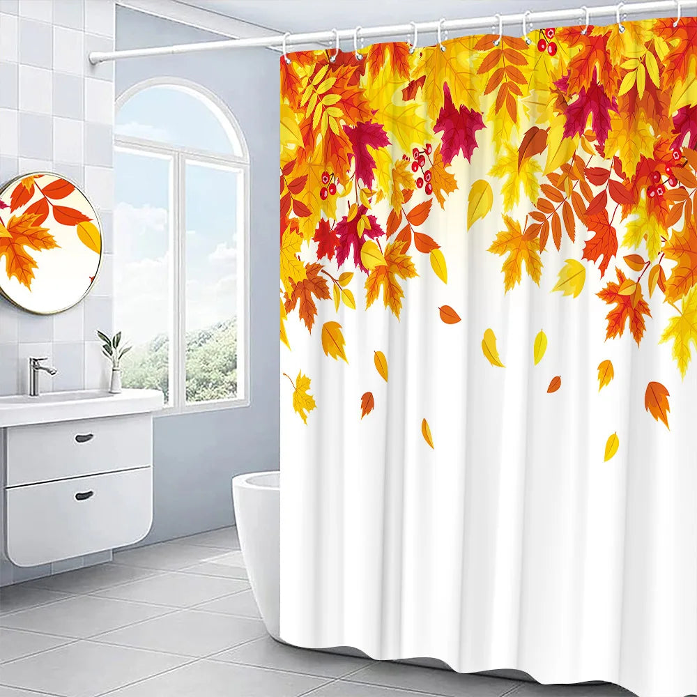 Autumn Shower Curtain Outside Window Landscape Fall Thanksgiving Maple Pumpkin Decor Sunflower Harvest Day Fabric Bath Curtain