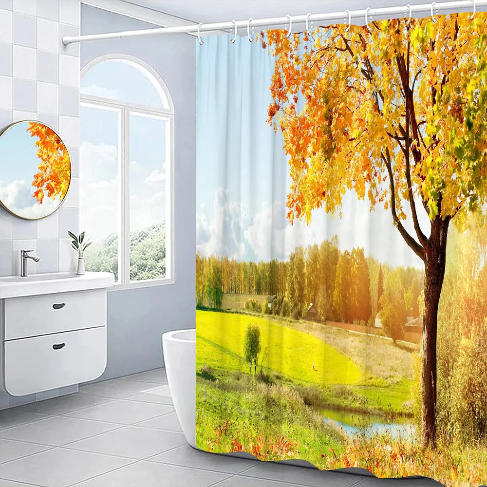 Autumn Shower Curtain Outside Window Landscape Fall Thanksgiving Maple Pumpkin Decor Sunflower Harvest Day Fabric Bath Curtain