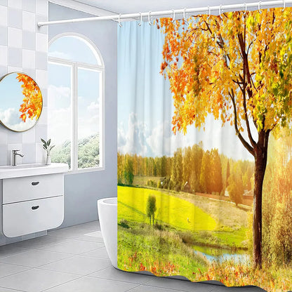 Autumn Shower Curtain Outside Window Landscape Fall Thanksgiving Maple Pumpkin Decor Sunflower Harvest Day Fabric Bath Curtain