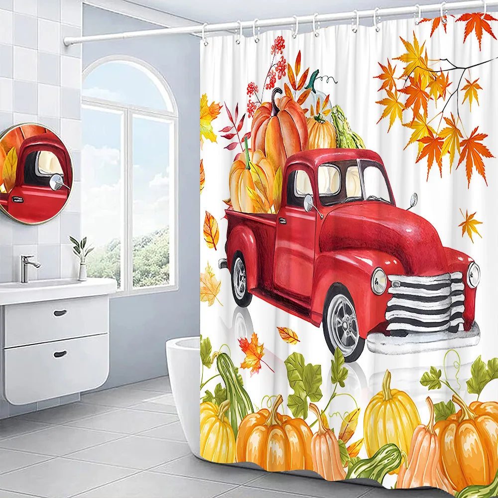 Autumn Shower Curtain Outside Window Landscape Fall Thanksgiving Maple Pumpkin Decor Sunflower Harvest Day Fabric Bath Curtain