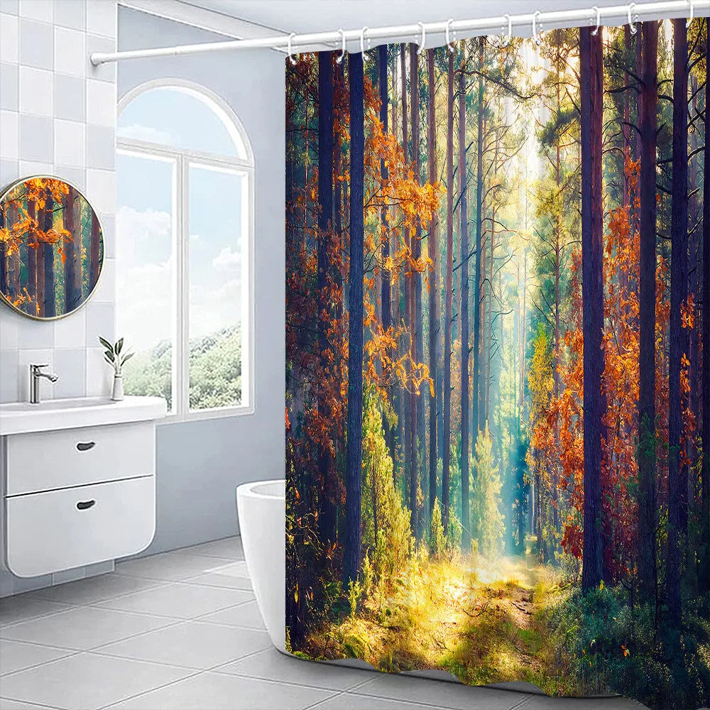 Autumn Shower Curtain Outside Window Landscape Fall Thanksgiving Maple Pumpkin Decor Sunflower Harvest Day Fabric Bath Curtain