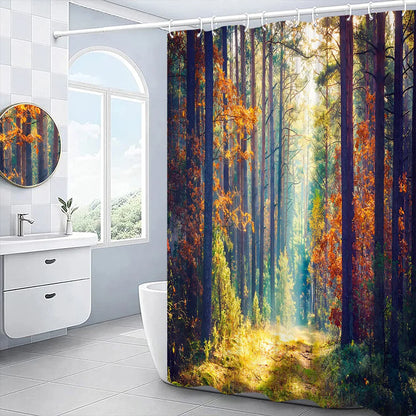 Autumn Shower Curtain Outside Window Landscape Fall Thanksgiving Maple Pumpkin Decor Sunflower Harvest Day Fabric Bath Curtain
