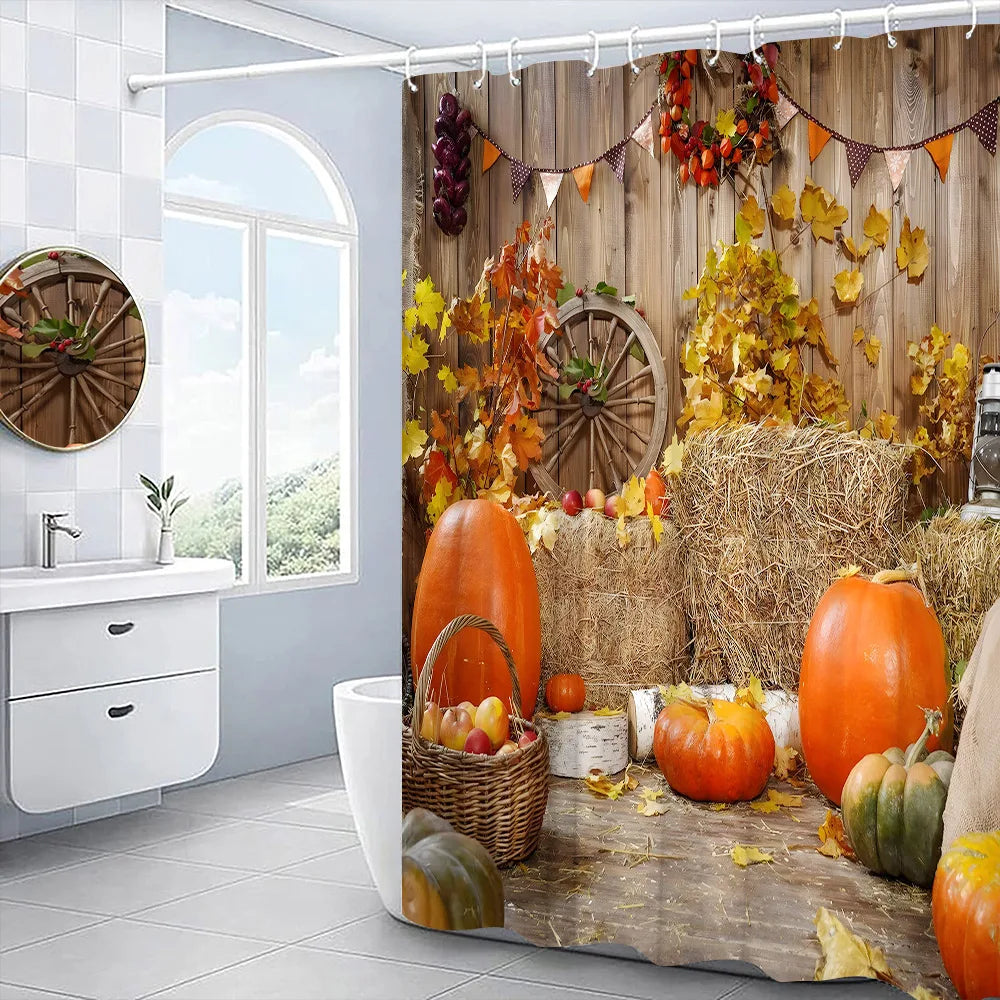 Autumn Shower Curtain Outside Window Landscape Fall Thanksgiving Maple Pumpkin Decor Sunflower Harvest Day Fabric Bath Curtain