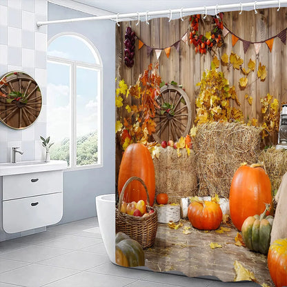 Autumn Shower Curtain Outside Window Landscape Fall Thanksgiving Maple Pumpkin Decor Sunflower Harvest Day Fabric Bath Curtain