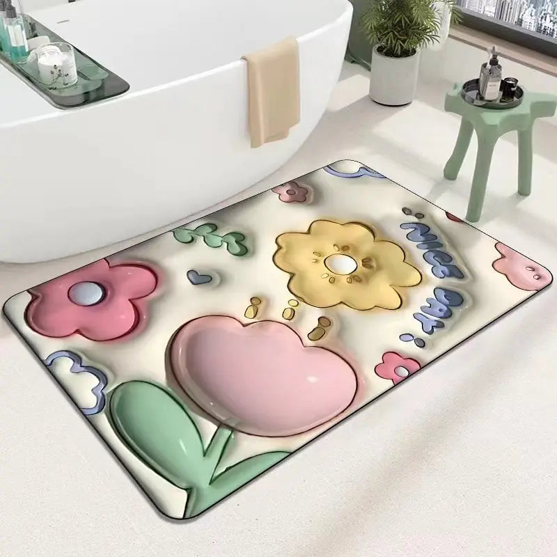 Bathroom Bath Mat 3D Visual Effect Floor Mat Water Absorbent Non Slip Mats Shower Room Rug Cute Flower Pattern Carpet 40x60cm