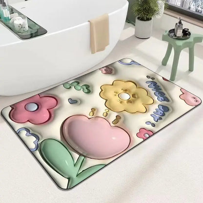 Bathroom Bath Mat 3D Visual Effect Floor Mat Water Absorbent Non Slip Mats Shower Room Rug Cute Flower Pattern Carpet 40x60cm