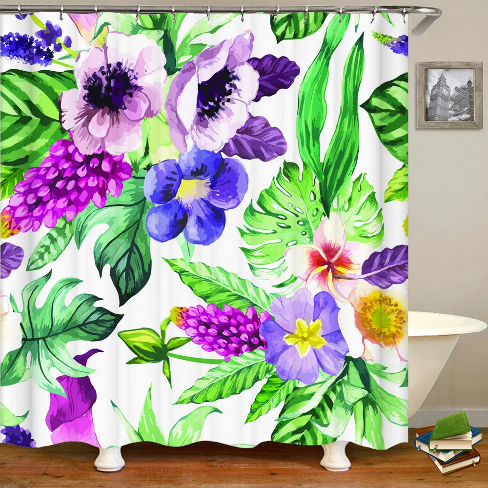 Beautiful Flowers Shower Curtain Bathroom Waterproof Shower Curtain Leaves Plant Printing Curtains for Bath Shower With Hooks