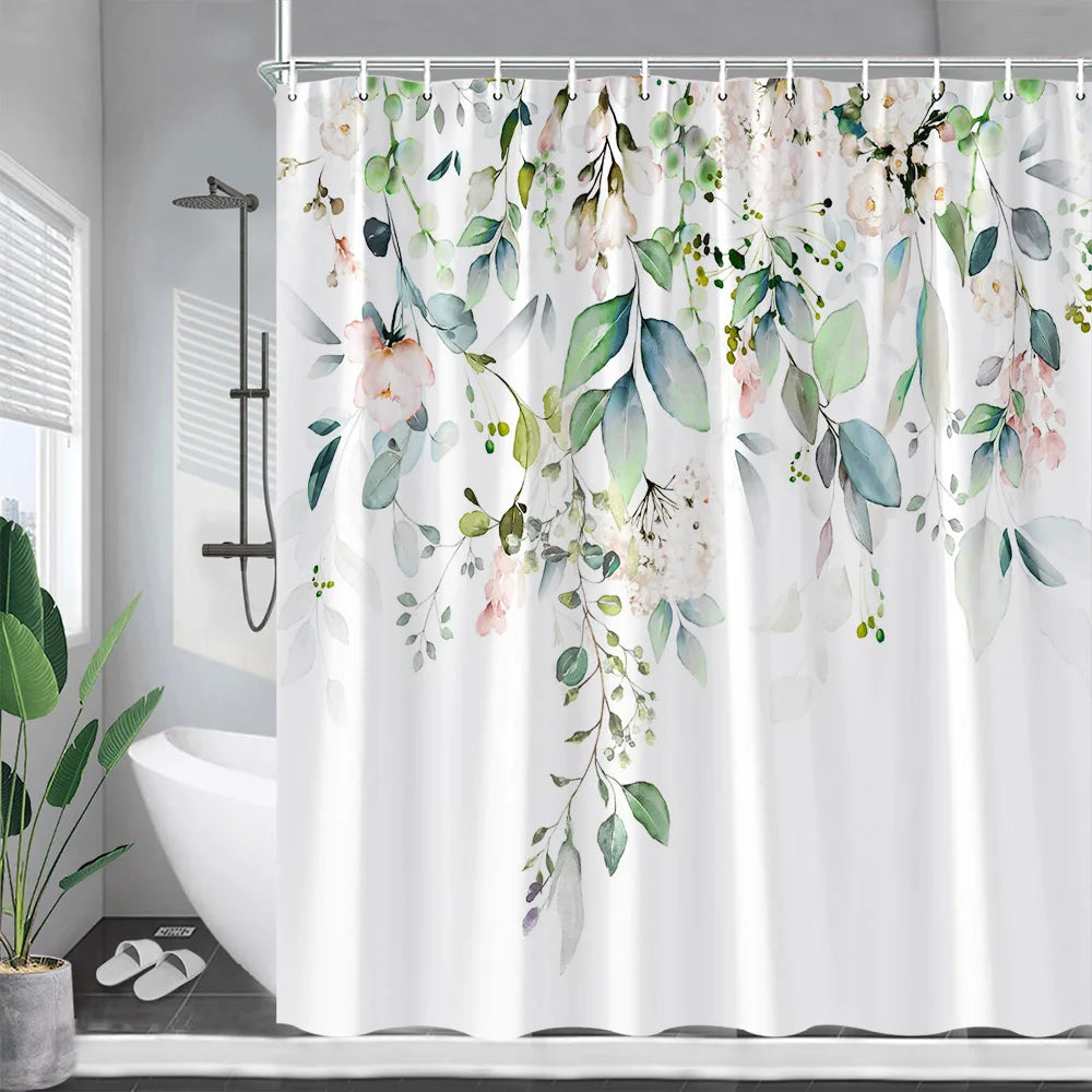 Blue Eucalyptus Leaves Shower Curtains Watercolor Flowers Plant Leaf Bath Curtain Set Polyester Fabric Bathroom Decor with Hooks