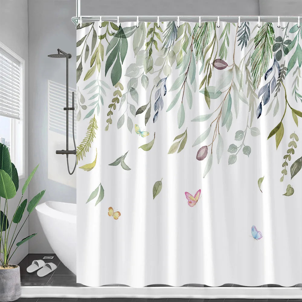 Blue Eucalyptus Leaves Shower Curtains Watercolor Flowers Plant Leaf Bath Curtain Set Polyester Fabric Bathroom Decor with Hooks