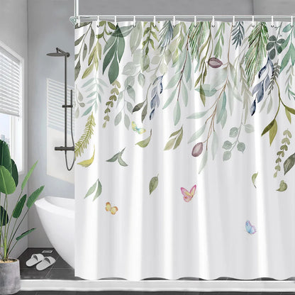 Blue Eucalyptus Leaves Shower Curtains Watercolor Flowers Plant Leaf Bath Curtain Set Polyester Fabric Bathroom Decor with Hooks