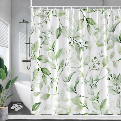Blue Eucalyptus Leaves Shower Curtains Watercolor Flowers Plant Leaf Bath Curtain Set Polyester Fabric Bathroom Decor with Hooks