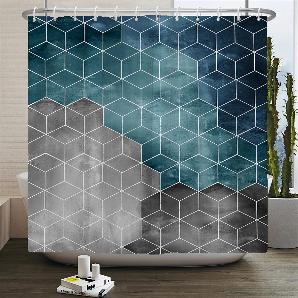 Blue Geometric Hexagonal Shower Curtains Waterproof Fabric Bathroom Curtain with Hooks Decoration Bath Screen Toilet Partition