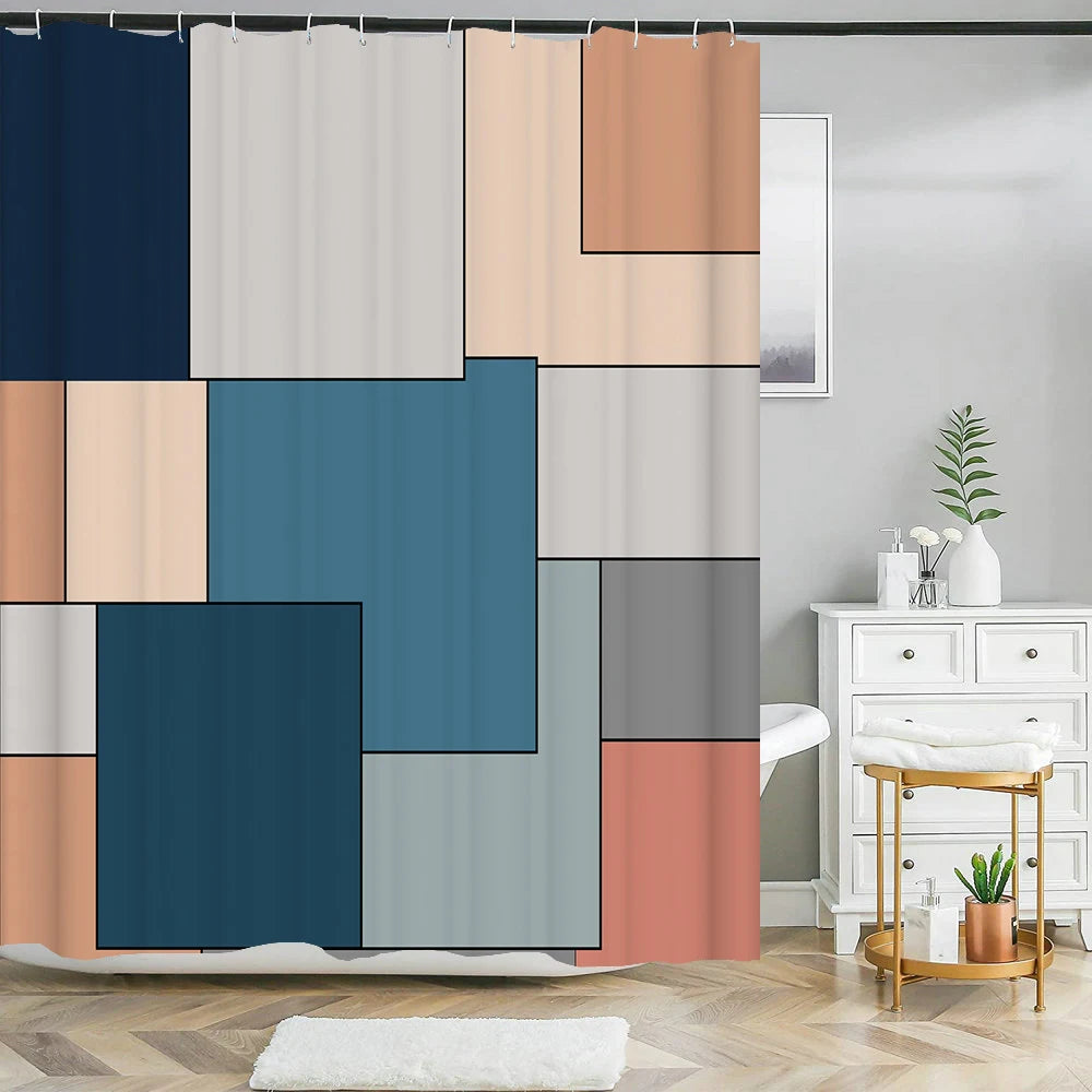 Blue Geometric Hexagonal Shower Curtains Waterproof Fabric Bathroom Curtain with Hooks Decoration Bath Screen Toilet Partition