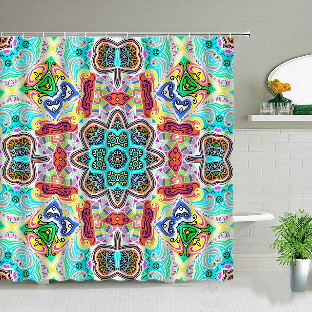 Bohemia Shower Curtain Set India Mandala Flower Geometric Printed Bath Curtains Waterproof Fabric Wall Screen Bathroom Decor