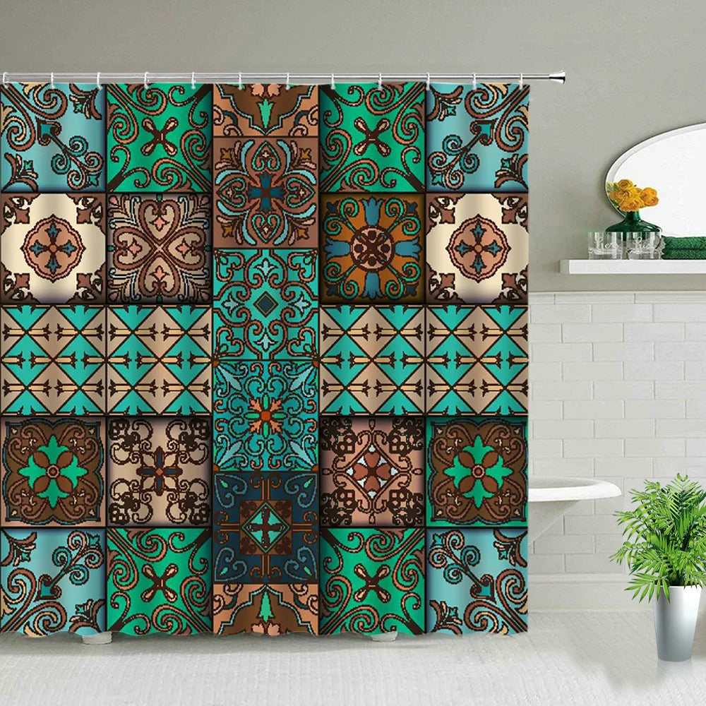 Bohemia Shower Curtain Set India Mandala Flower Geometric Printed Bath Curtains Waterproof Fabric Wall Screen Bathroom Decor