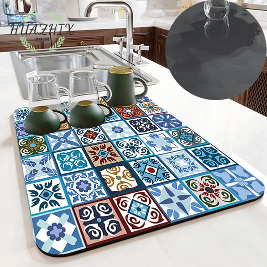 Boho Printed Dish Drying Mat Diatom Mud Water Absorbent Kitchen Sink Pad Splash Drainage Placemat Bathroom Bath Anti-skid Rugs