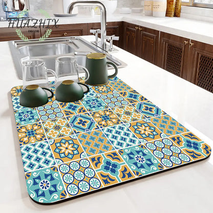 Boho Printed Dish Drying Mat Diatom Mud Water Absorbent Kitchen Sink Pad Splash Drainage Placemat Bathroom Bath Anti-skid Rugs