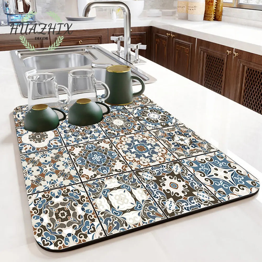 Boho Printed Dish Drying Mat Diatom Mud Water Absorbent Kitchen Sink Pad Splash Drainage Placemat Bathroom Bath Anti-skid Rugs