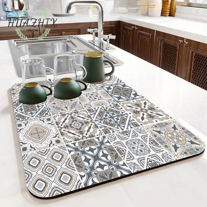 Boho Printed Dish Drying Mat Diatom Mud Water Absorbent Kitchen Sink Pad Splash Drainage Placemat Bathroom Bath Anti-skid Rugs