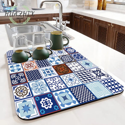Boho Printed Dish Drying Mat Diatom Mud Water Absorbent Kitchen Sink Pad Splash Drainage Placemat Bathroom Bath Anti-skid Rugs