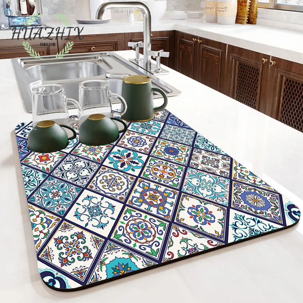 Boho Printed Dish Drying Mat Diatom Mud Water Absorbent Kitchen Sink Pad Splash Drainage Placemat Bathroom Bath Anti-skid Rugs