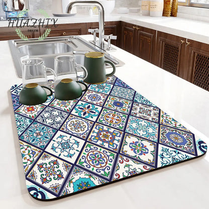 Boho Printed Dish Drying Mat Diatom Mud Water Absorbent Kitchen Sink Pad Splash Drainage Placemat Bathroom Bath Anti-skid Rugs